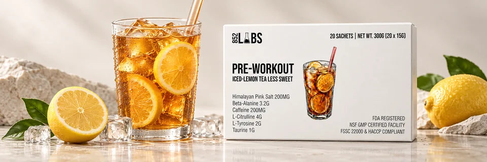 852LABS Pre-Workout with iced lemon tea and lemon