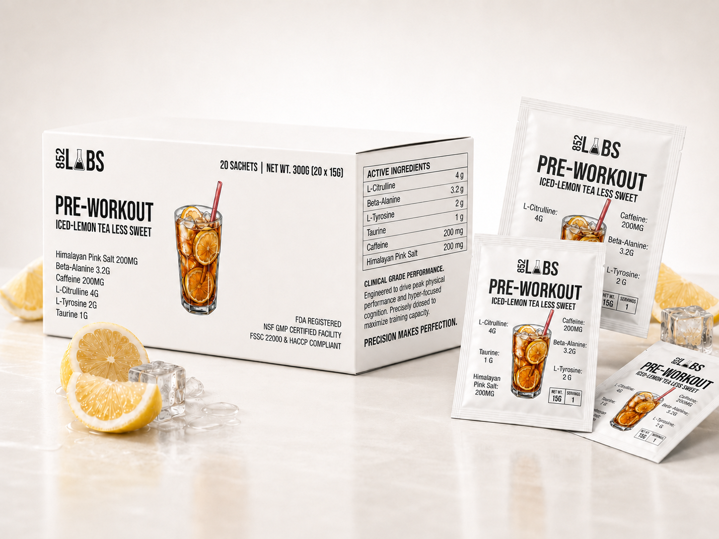 852LABS Pre-Workout box with sachets and iced lemon tea elements