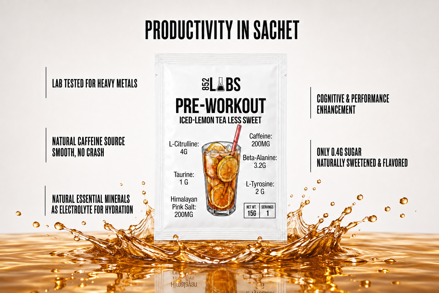 852LABS Pre-Workout sachet with product benefits