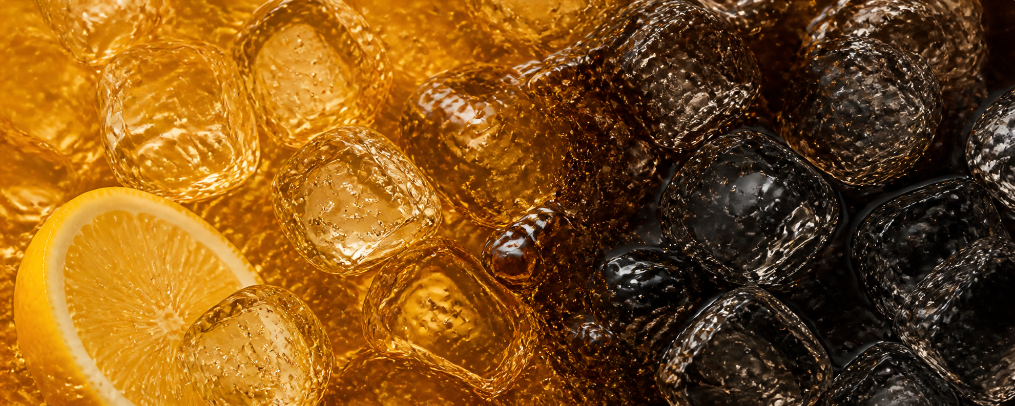 Amber iced lemon tea transitioning into charcoal-toned ice